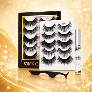 SJ LASHES 5 Pairs 3D Faux Mink False Eyelashes Kit – Wispy, Natural, Fluffy Lashes with Glue & Tweezers, Reusable Soft Lightweight Lashes, 5 Lash Styles for Every Look