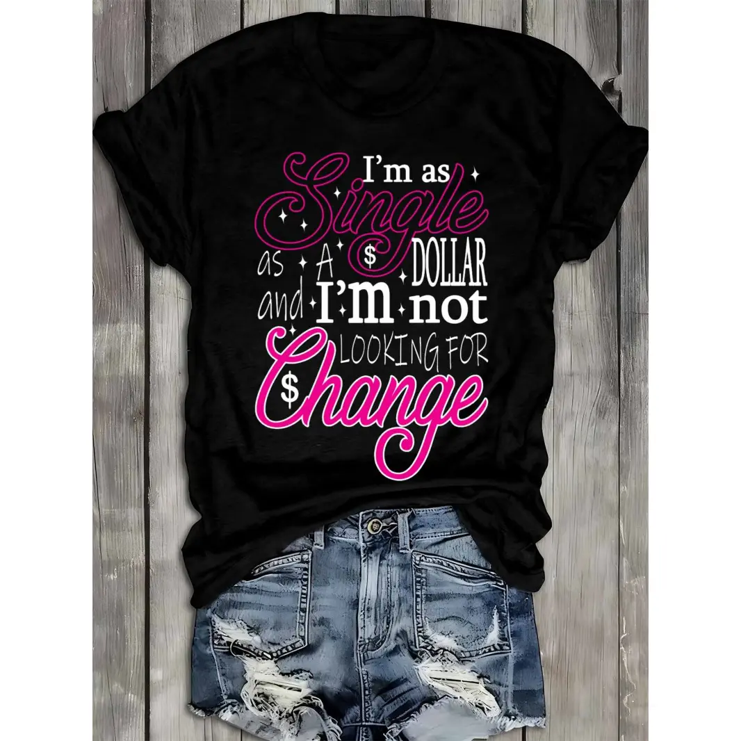 Women's Cotton Graphic T-Shirt - Short-Sleeve, Round-Neck, Funny Single Quote, Cute Pink Letter Print, Casual Streetwear Top for Friends' Night Out & Everyday Summer Wear, Shortsleeve