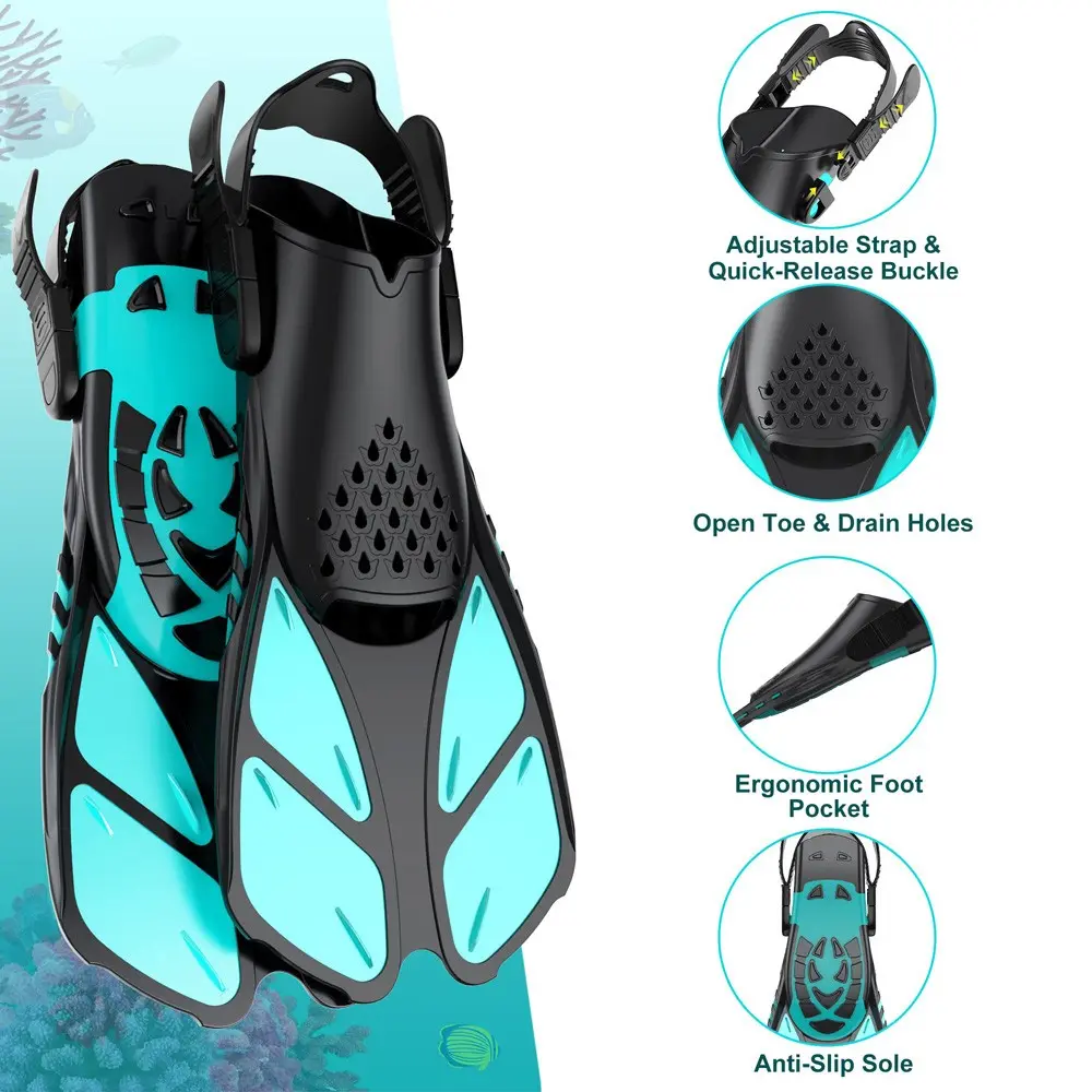 Snorkel Fins Adjustable Buckles Swimming Flippers Short Silicone Scuba Diving Shoes Open Heel Travel Size Adult Men Womens Outdoor Diving Gear Snorkeling Gear
