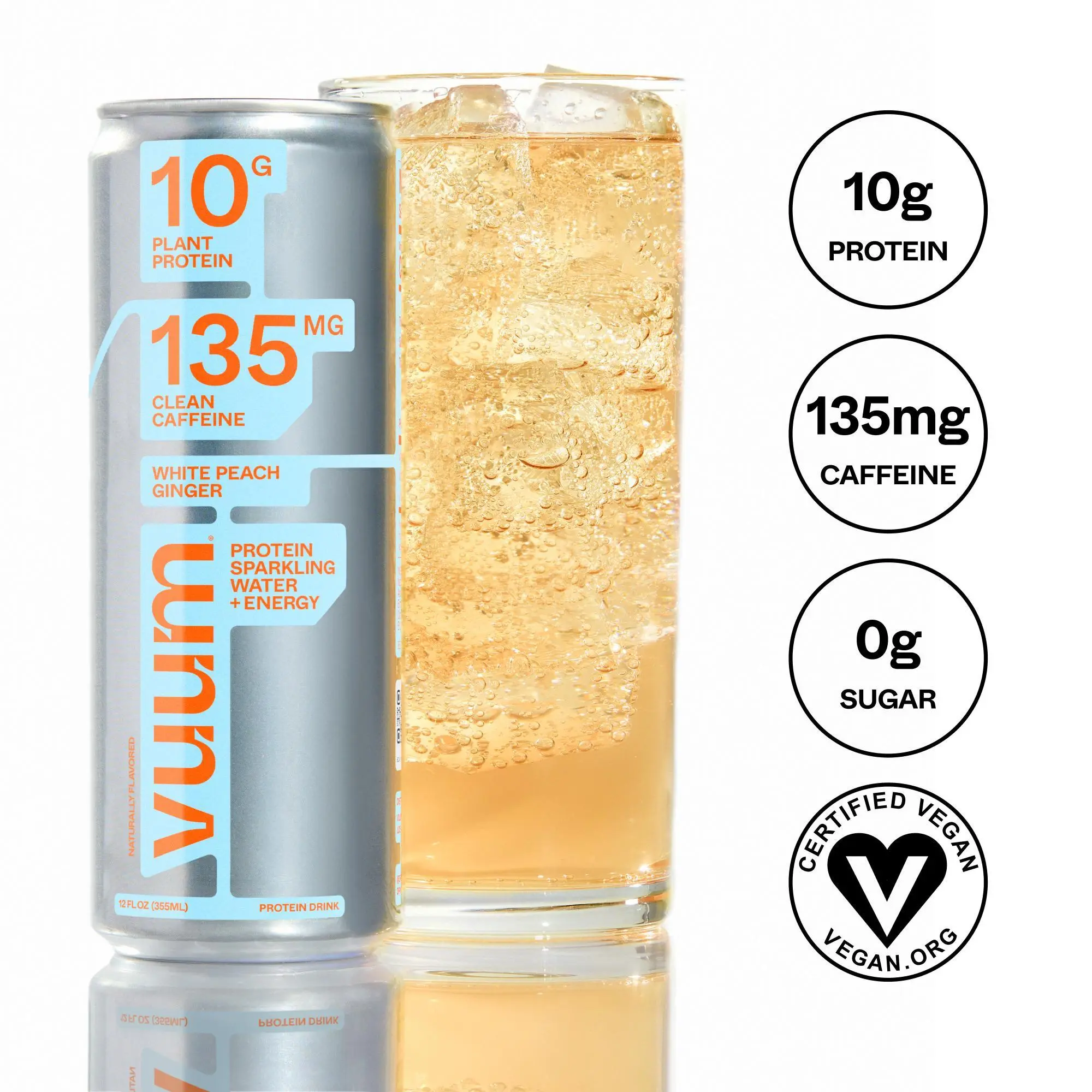 White Peach Ginger Protein Sparkling Drink with 10G Plant Protein & 135MG Clean Caffeine Zero Sugar Energy Focus Muscle Repair