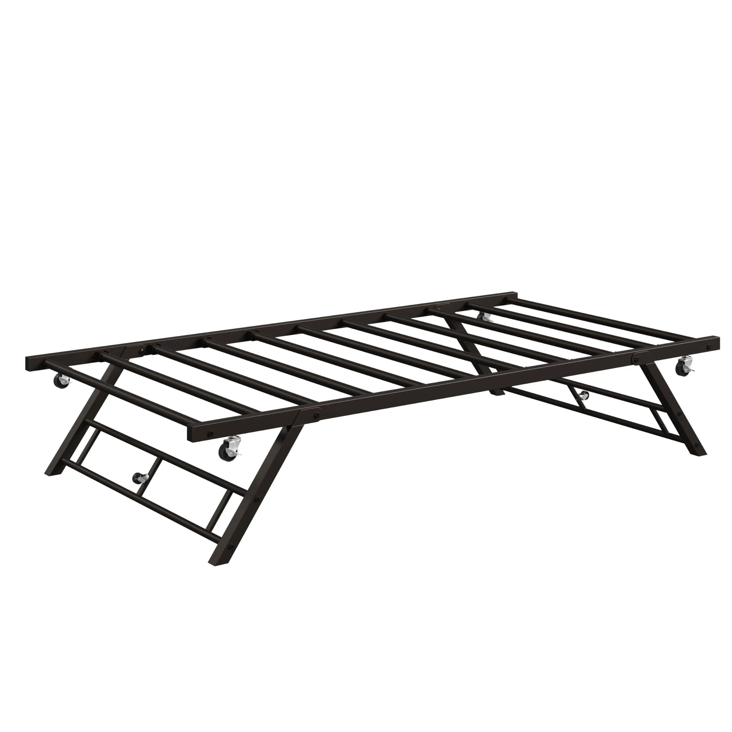 Twin Size Heavy Metal Daybed Frame with Lockable Casters - Brown Foldable, Easily Pull-Out Trundle, 400lb Capacity, 73.6" L x 38.9" W x 12.6" H, Durable, Portable, Patio-Friendly, Convenient Storage, Assembly Required, All Hardware Included, Twin Size Day