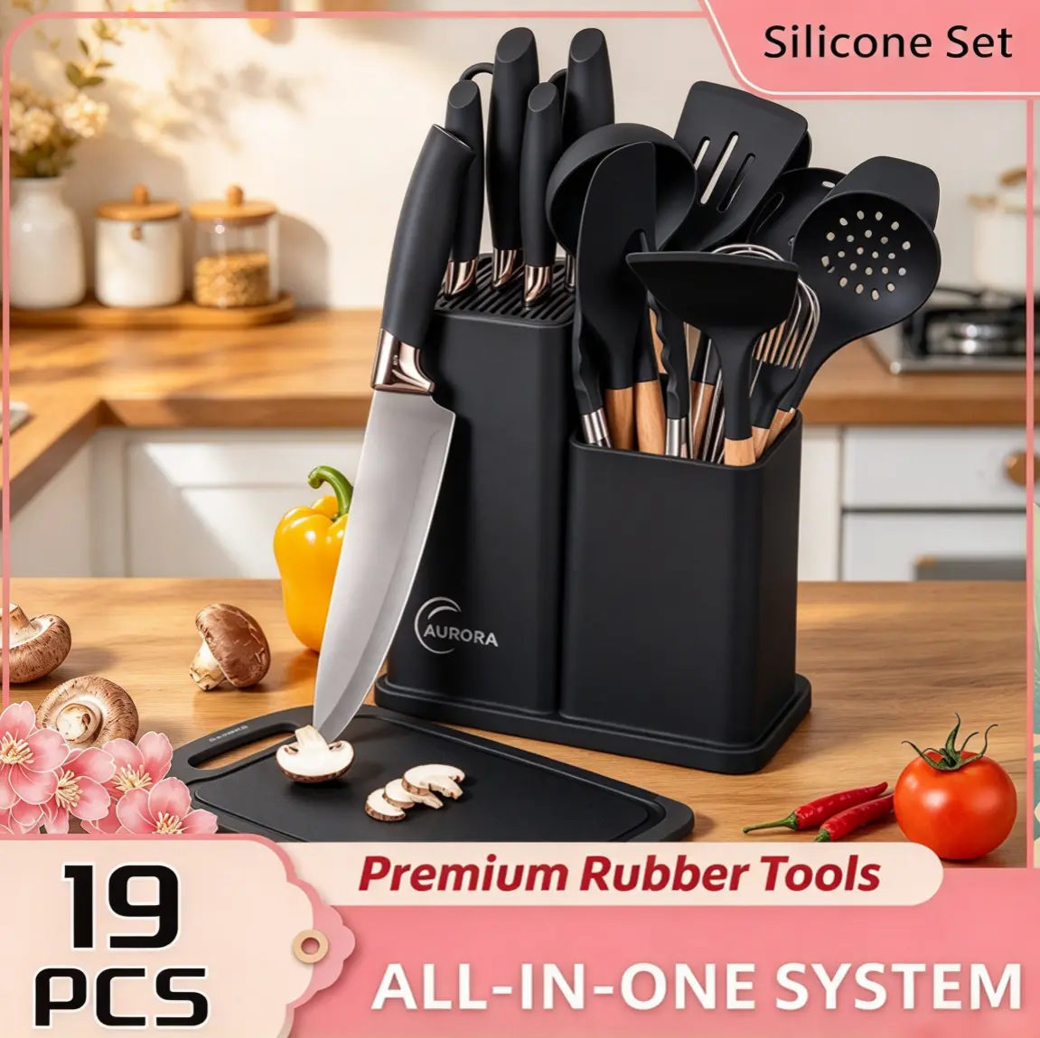 Women's 19 pcs Kitchen Cooking Set - Food grade Silicone Kitchenware with Wooden Handle, Non stick Pot Tools, Including Spoon and Spoon, Cutting Board Gift Set Resistant to 446 Fahrenheit, Ideal Christmas Gift for Mom & Husband's Birthday Wedding