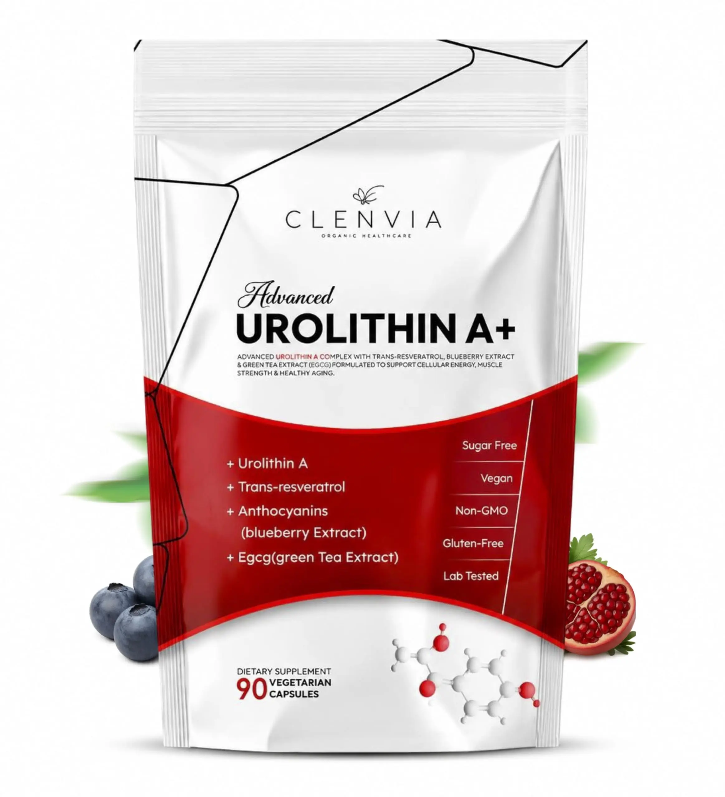 Longevity+ Urolithin A Supplement – Urolithin A+ with Trans-Resveratrol, Blueberry Extract & Green Tea EGCG – Cellular Energy, Muscle Strength & Healthy Aging – Vegan, Non-GMO, 90 Capsules