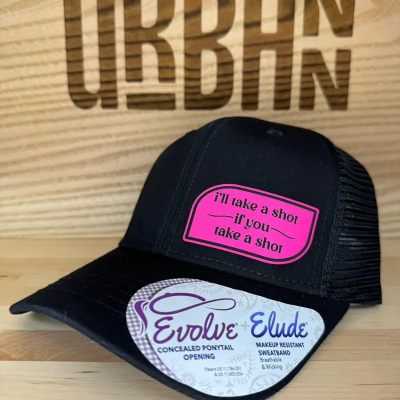 Take a Shot Ponytail Hat - Evolve Elude Black Cotton Trucker Cap with Neon Pink Patch & Concealed Opening
