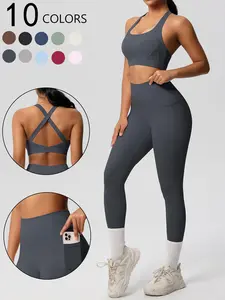 Women's Solid Cross Back Crop Tank Top & High Waist Leggings Sports Set, Sporty Casual Breathable Comfortable Two-piece Yoga Gym Outfits for Yoga Gym Workout Running, Ladies Sportswear for All Seasons