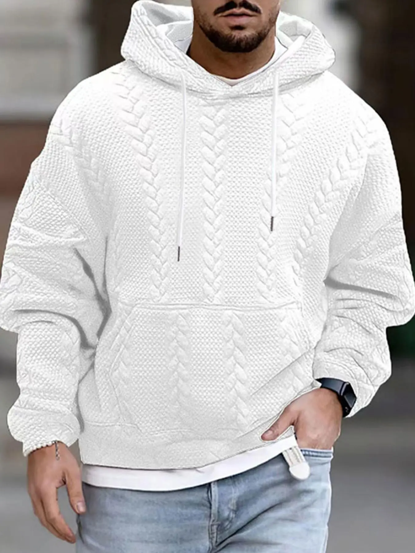 Men's Solid Textured Drawstring Hoodie, Casual Loose Drop Shoulder Long Sleeve Hooded Sweatshirt for Fall & Winter, Men's Clothes for Daily Wear