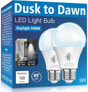 Dusk to Dawn Light Bulbs Outdoor, 5000K-Daylight, 720LM, 9W(60W Equivalent) A19 E26 Automatic On/Off LED Light Bulbs, Dusk to Dawn LED Outdoor Lighting for Porch Garage Patio
