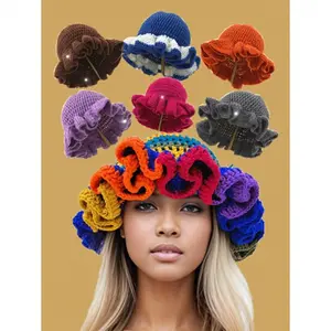 Women's Multicolor Acrylic Rainbow Pattern Crochet Ruched Brim Knitted Beanie - Unisex Autumn Winter Daily Wear for Casual Outfits Women, Halloween Accessory