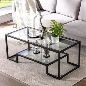 Modern Metal Glass Coffee Table Black Accent Tempered Glass Side Table with Storage Shelf for Living Room & Office Decor