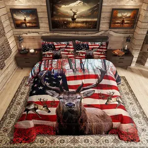 American Flag Comforter Set,Cute Deer Down Comforter,United States Bedding Set,Usa Federations Stars Duvet Sets,Geometric Stripes Bedroom Decor