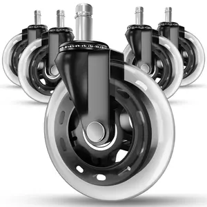 Office Chair Caster Wheels Set of 5 - Smooth 3 inch Heavy-Duty Replacement Rubber Wheels for Gaming & Desk Chair - Easy to Install, Suitable for Hardwood Floors, Carpet, Tiles (Clear)