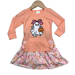 C Girl Halloween Outfit Embroidery Ghost Bow Pumpkin Clothing Set