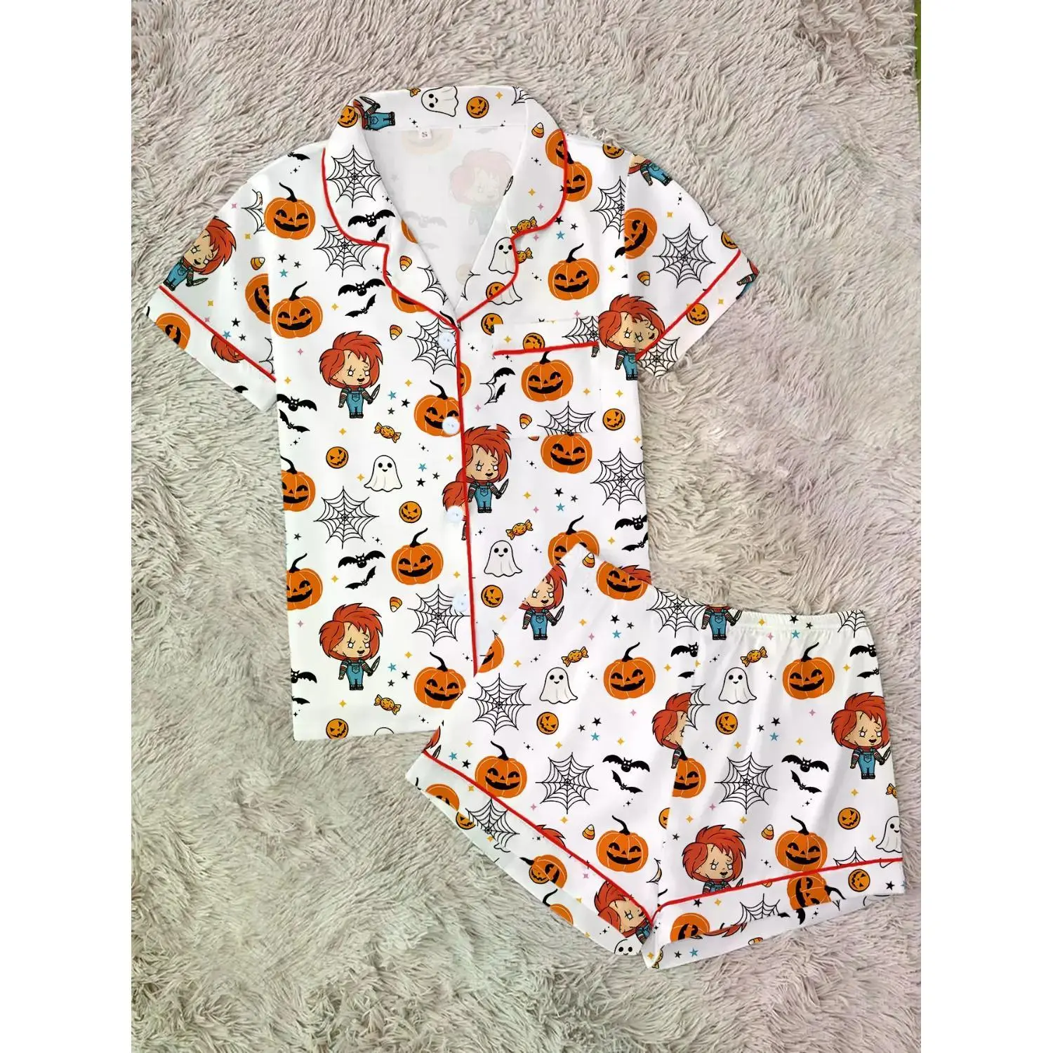 Halloween Spooky Doll Pajama Set for Women | Pumpkin, Spiderweb & Ghost Graphic Sleepwear | Soft 2-Piece Button-Up Short Sleeve Lounge Set | Fun Summeroween PJs with Quirky Horror Nightwear Vibes