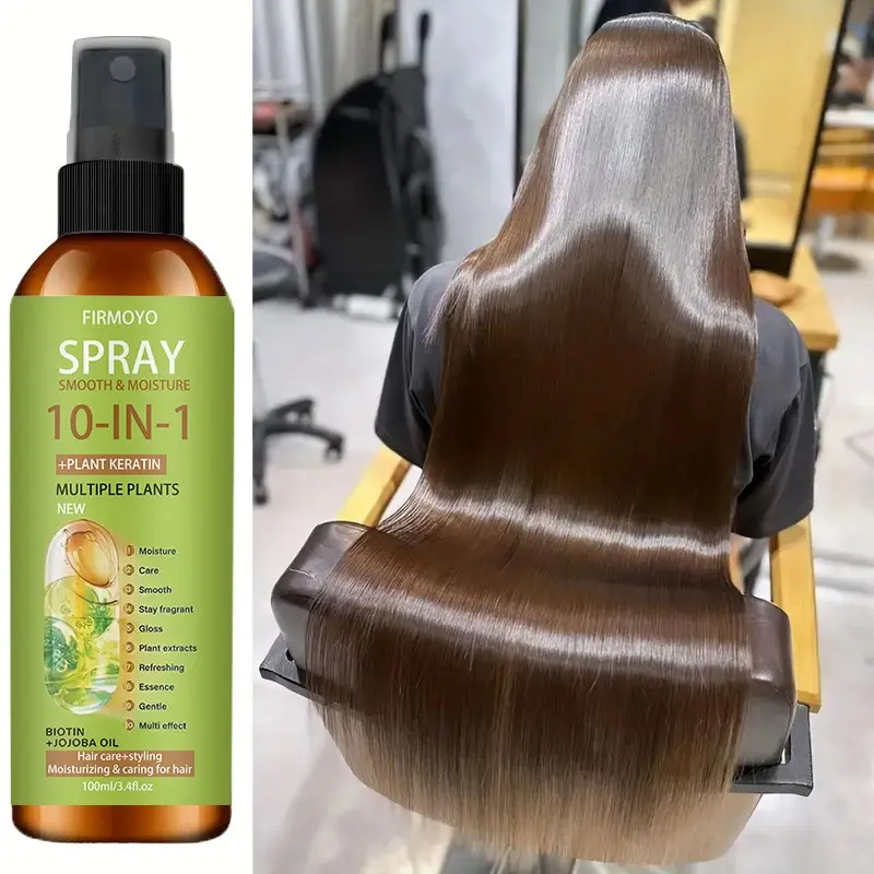 3.38 oz 10-in-1 Keratin Spray, Rosemary Complex Formula, provides up to 72 hours of lasting smoothness and shine, protects against heat damage, eliminates frizz, and is a leave-in conditioner that absorbs easily