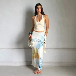 ZX25434PFO-Womens 2 Piece Summer Beach Outfit Floral Halter Neck Top and Sheer Mesh Flowy Maxi Skirt Set for Spring Break Music Festival Stretchy Outfits Cancun