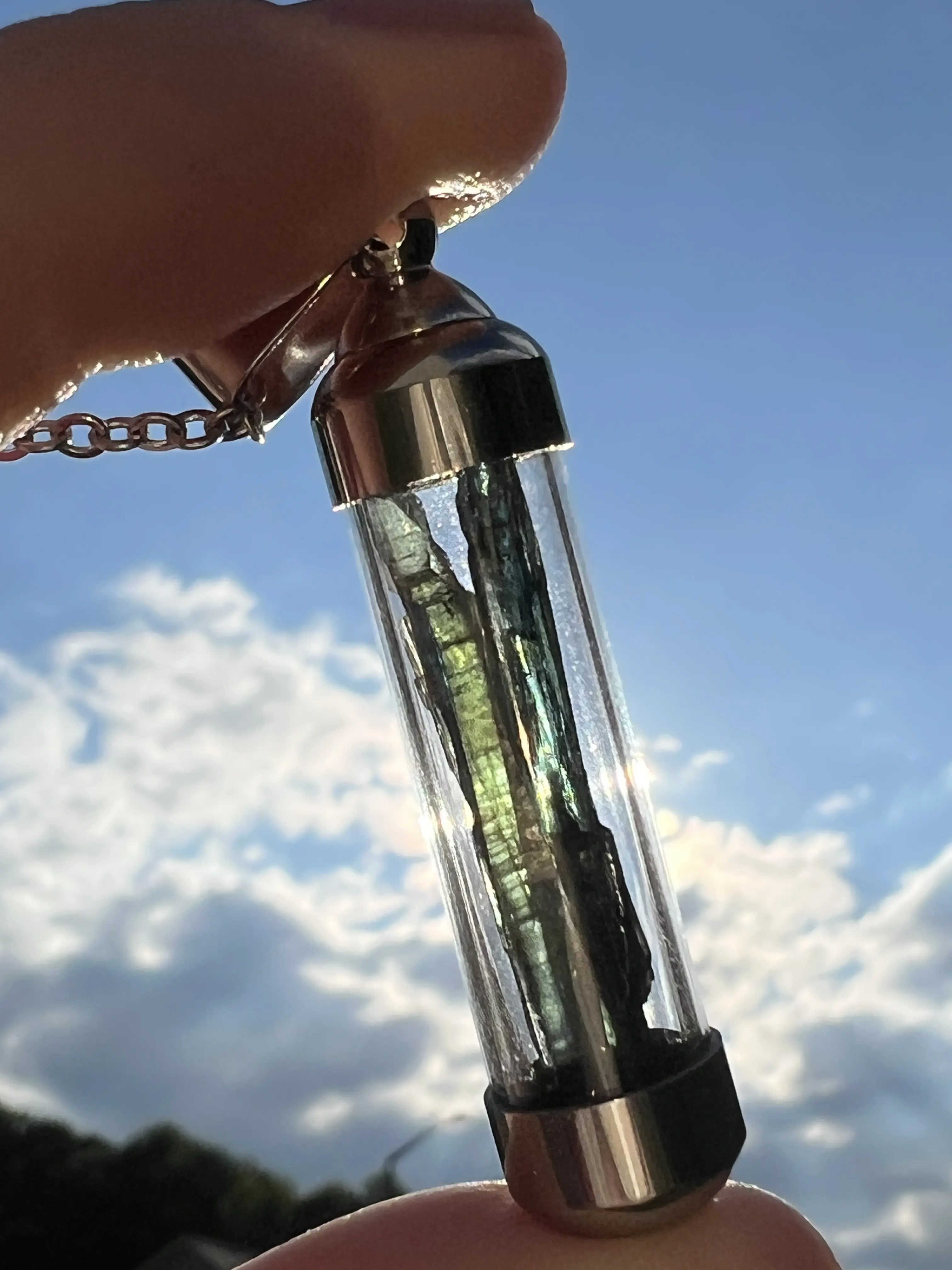 RARE Vivianite Pendant Gemmy Blue Green Blade Vial Tube Glass Locket Necklace Jewelry Brazilian Vivianite Inner Peace Mystic Awakening