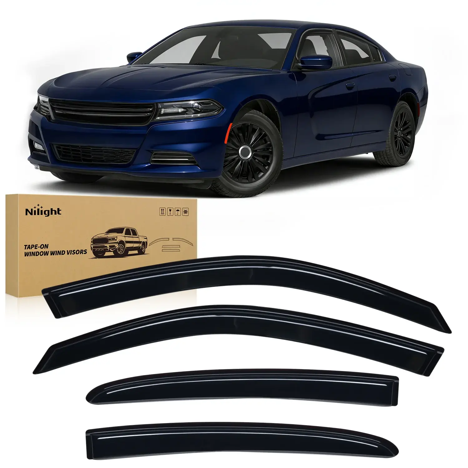 Nilight Acrylic Side Window Wind Deflectors & Sun Visors - 4-Pack Tape-On Car Exterior Accessories for Dodge Charger 2011-2023, Blue Fog-Prevention Rain Guards with Heat Bonding, Window Rain Guard Coverage, Sun Visor, 4‑Pack Coverage
