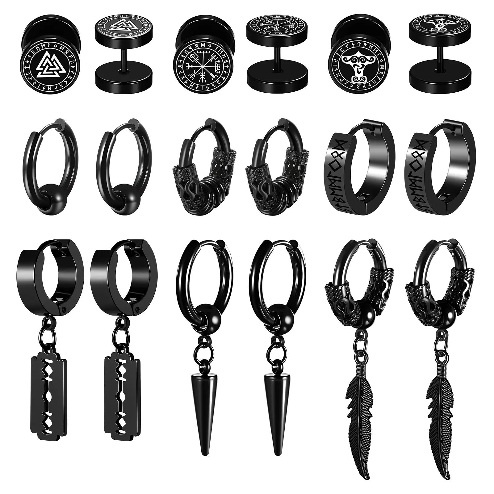 OIDEA 9-Pair Viking Stainless Steel Earrings Set for Men - Metal Spiked, Character Shaped, Punk Earring Sets with Norse Hammer, Cross, Feather, Hoop, Stud Jewelry, Metal Spiked Earrings