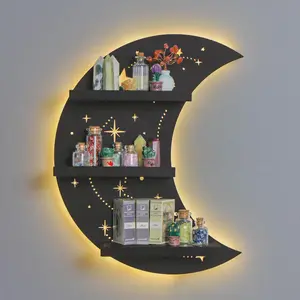 FNYDOX Crescent Moon Shelf with LED Lighting for Crystals & Healing Stones, Celestial Decor for Witchy & Bohemian Home, Easy Wall-Mounted Display for Altar & Meditation Space