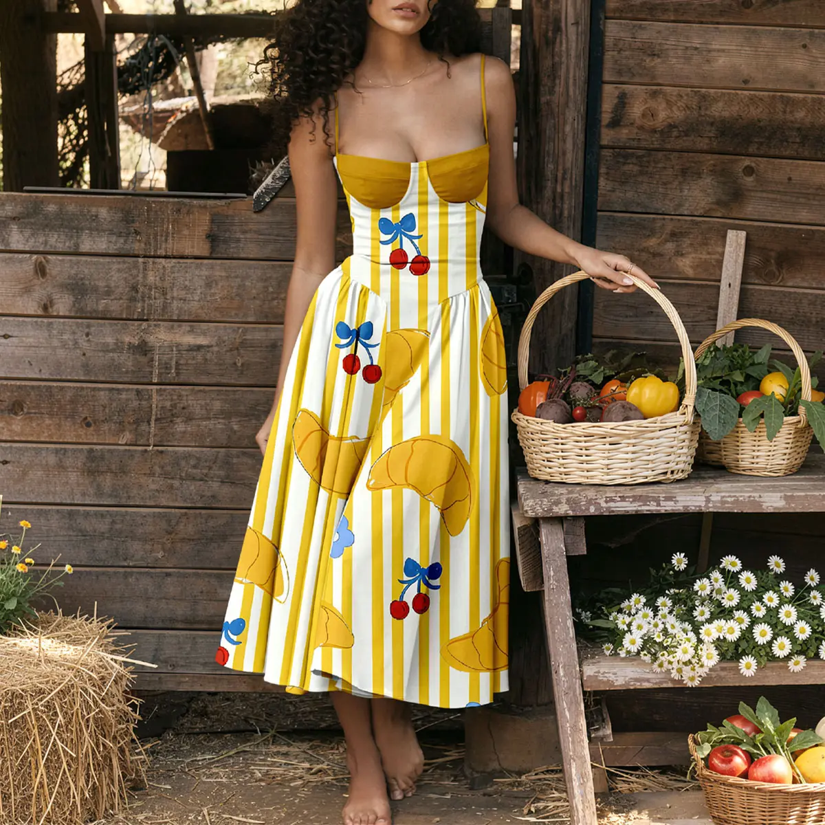 Women's Casual Wear Sundress - Cherry Croissant Print, Off-the-Shoulder, Spaghetti Strap, Sleeveless, Vintage A-Line Charm, Summer Vacation Dress
