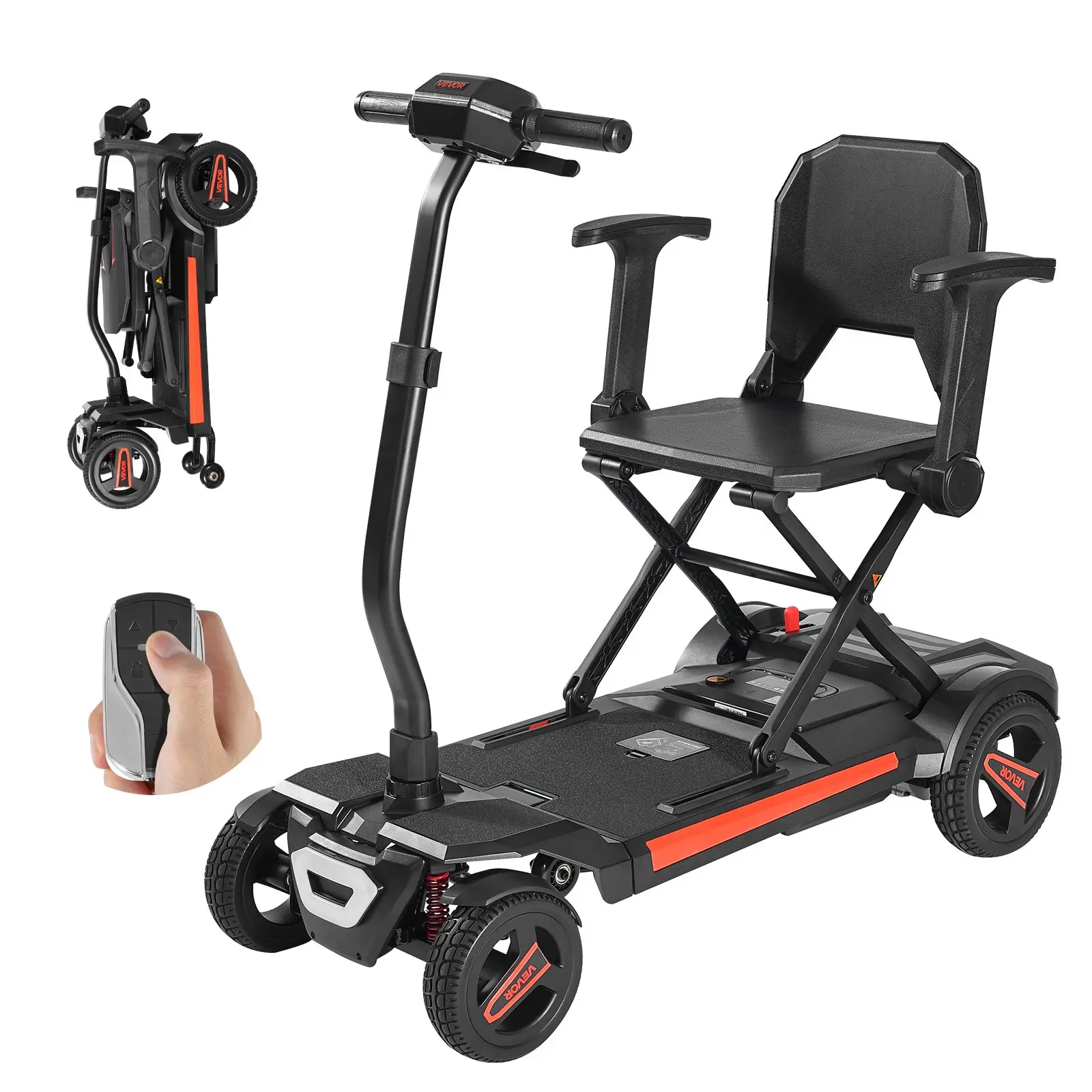【Summerfinds】VEVOR Foldable 4-Wheel Electric Mobility Scooter for Adults & Seniors, Automatic Folding with Remote Control, NFC Keys, Long Range, 265lbs Cap., Aluminum Alloy Frame, Flat-Free Tires, Safety Brake System, All Terrain, Telescopic Handle