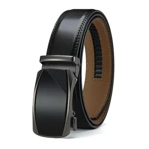 Male Cow Hide Genuine Leather Belt, Heavy Duty Automatic Ratchet Buckle, No-Hole Design, Trim-to-Fit for All Waist Sizes, Durable Elegant Business Style, Perfect Gift for Men