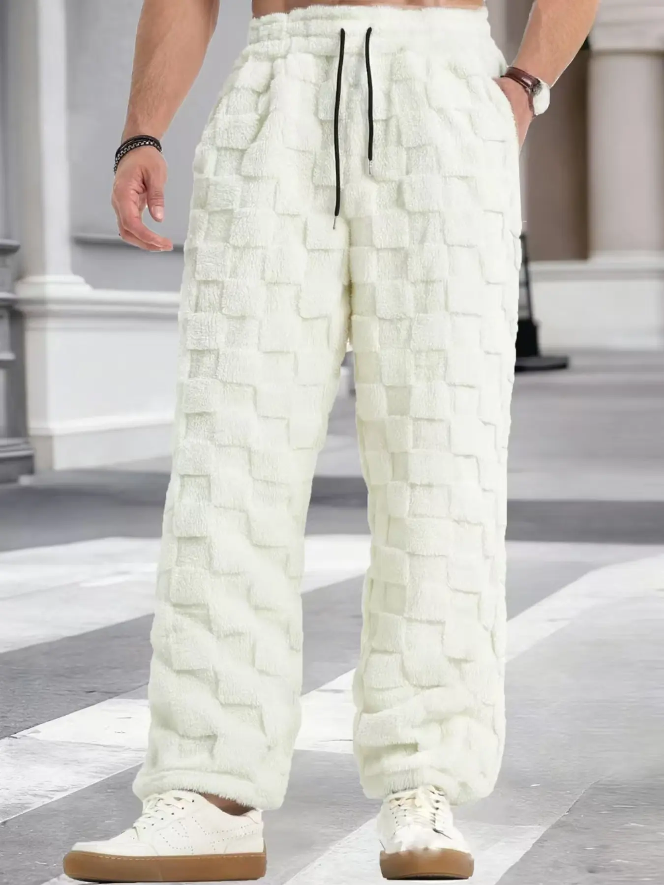 New straight-leg fur checkered warm, sporty and casual men's Elastic Knit trousers for autumn and winter wear, soft, skin-friendly and comfortable, warm and windproof. .Regular fit straight-leg Checked fuzzy pants Loose.