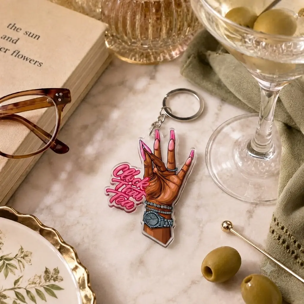 Clock That Tea Acrylic Keychain, Stylish Hand Gesture Design with Pink Nails, Unique Aesthetic Charm for Bags and Keys