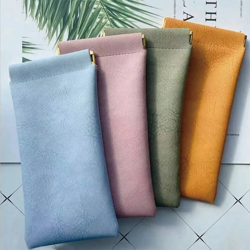 Soft PU material sunglasses storage bag, portable squeeze-top leather glasses case, minimalist pure color scratch-resistant glasses storage bag, suitable for men and women, Portable Sunglasses Organizer, Eyeglasses Holder, Portable Eyewear Organizer