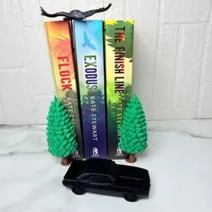 4 Piece Book Decorations - Green Tree & Black Car Design for Bookshelf Organization & Aesthetic Appeal Standing Ornaments