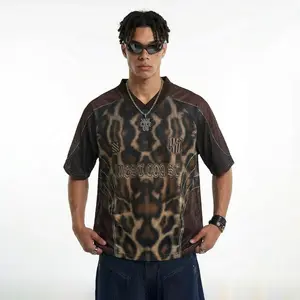 Inflation 260g Football Short Sleeve T-Shirt leopard print Streetwear Retro Element Heavyweight Oversize  Fashion Tall Slimming V-Neck Mesh Breathable Street Style Casual Top Unisex graphic tee