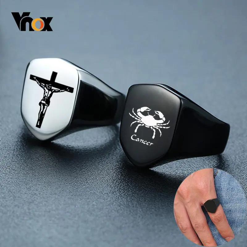 Vnox Stylish Personalize Shield Flat Top Ring for Men Black Stainless Steel Gents Signet Stamp Ring Punk Male Jewelry