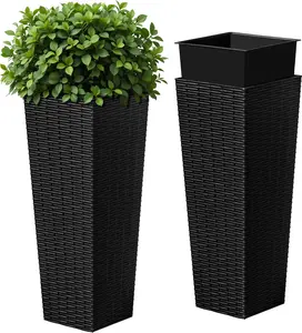 Resin Tall Planters for Outdoor Plants Set of 2, Large Taper Outdoor Planter Pots with 4 Drainage Holes, Flower Pots Modern Decor for Porch, Patio, Backyard, Home Garden (Black, 23.6")