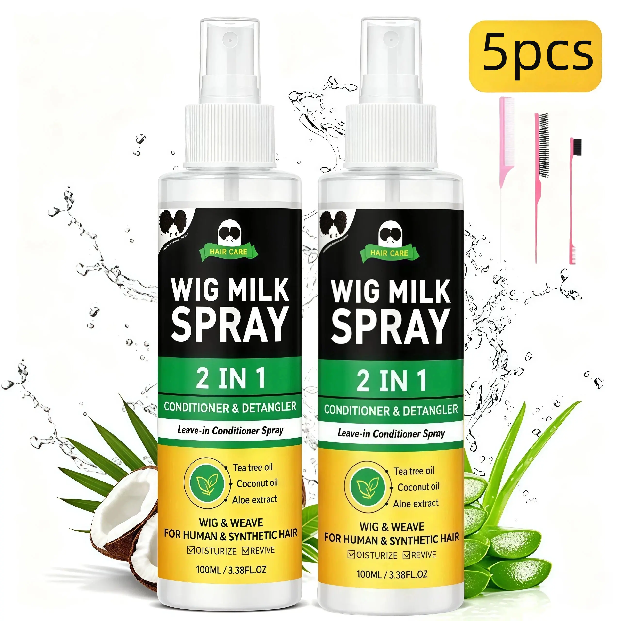 5Pcs Wig Milk Spray 2-in-1 Leave-in Conditioner & Detangler + 3 Free Detangling Brushes, Moisturizing Revitalizing Spray for Human & Synthetic Hair Wigs, Portable Daily Hair Care Set