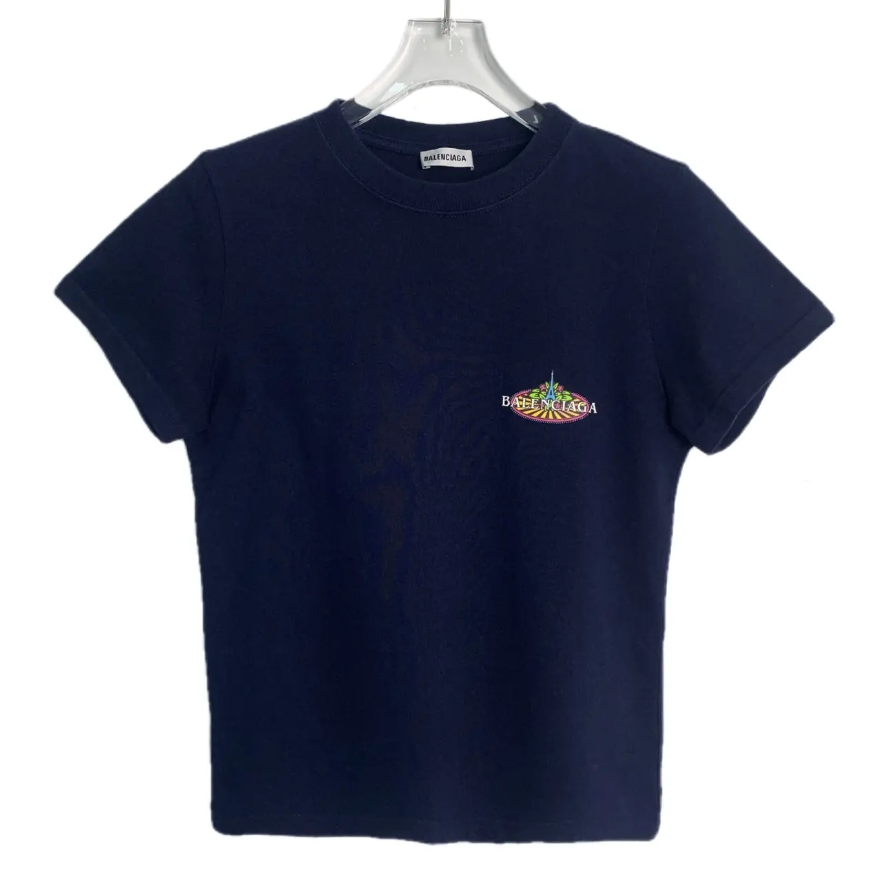 RDLT -Balenciaga Dark Blue Eiffel Tower Letter Print Cotton Crewneck Short Sleeve T-Shirt Size S