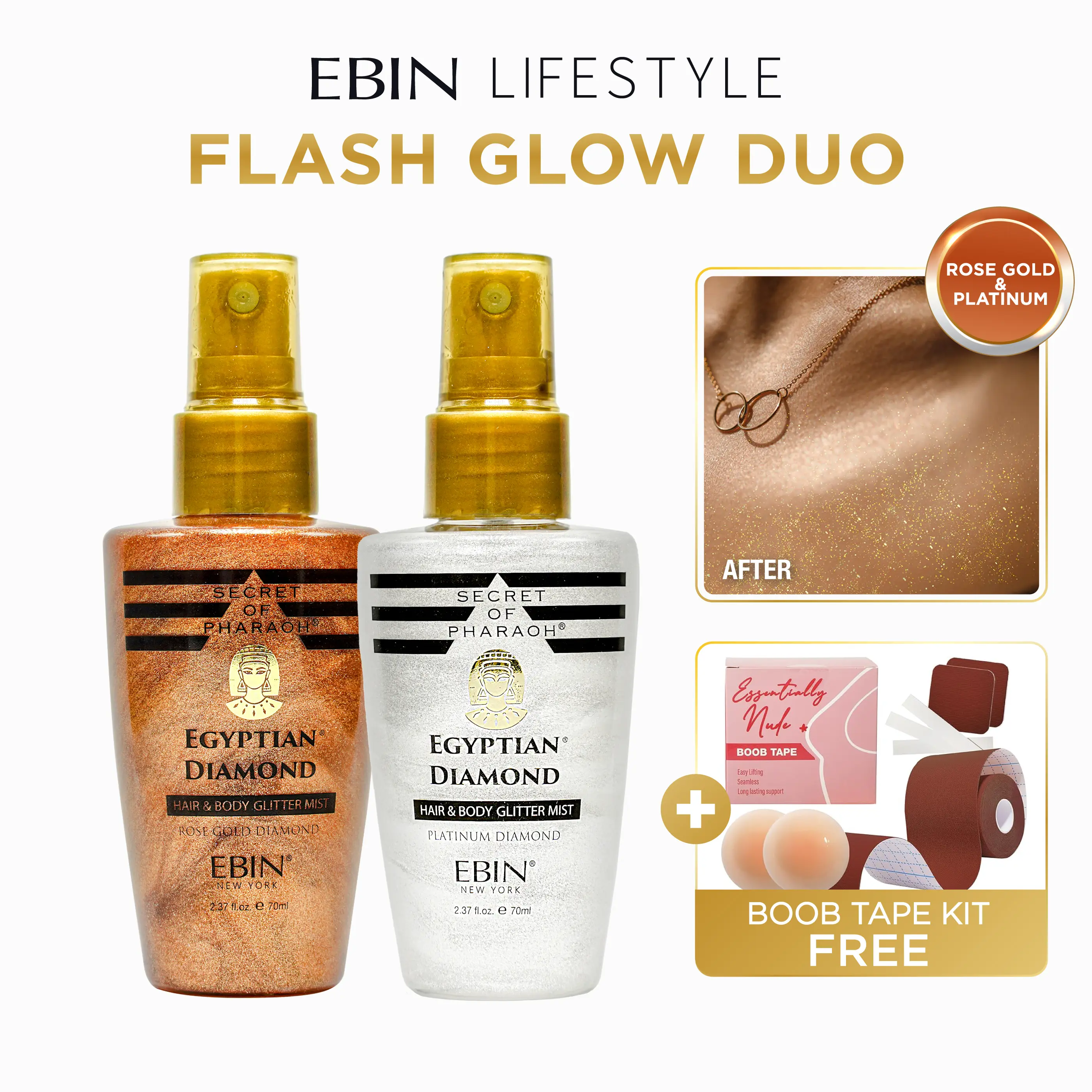 EBIN NEW YORK Nano Mist Sprayer Hair & Body Glitter Mist (Rose Gold/Platinum) Body Glow Duo Pack, 4.74 Fl Oz, FREE Boob Tape, Glitter Sparkle Makeup for Adults, Lightweight Shimmer, Party Prep Formula, Vegan, Glycerin-Infused Cosmetic, Radiant Glow