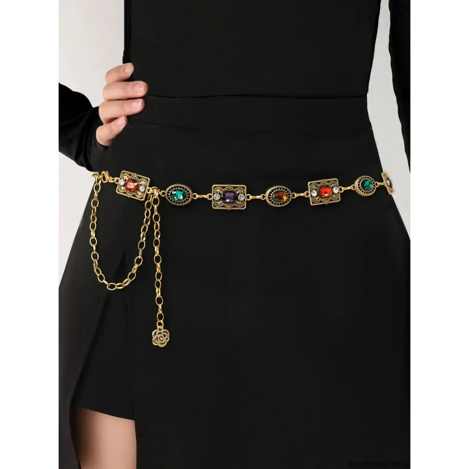 Vintage Metal Floral Waist Chain for Women, Rhinestone Decorated Belt Chain, Fashion Accessory for Dresses, Versatile Waist Chain