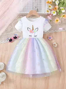 Girls' Fashion Casual Dress, Short Sleeve Unicorn Print Top, Mesh Skirt with Unicorn Pattern, Summer Wear for Ages 1-8, Layered Skirt