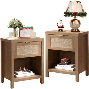SICOTAS Classic Rattan Nightstands - Unique Farmhouse Style Bedside Table with Drawer and Open Shelf, Durable Engineered Wood Construction, Versatile Side Table for Living Room and Bedroom, Easy to Assemble, Modern Home Decor