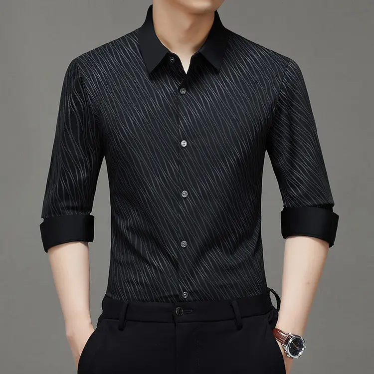 Men's Casual Longsleeve Shirt - Loose Fit, Wrinkle-Resistant, Stretchy Ice Silk Top with Lapel, Floral Embroidery, Embellish for Spring & Autumn