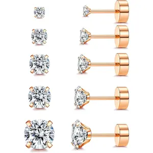 FLORIDECO 5Pairs Titanium Earrings for Women Men G23 Titanium Stud Earrings Set for Sensitive Ears Cubic Zirconia Earrings Studs 20G Flat Back Earrings Cartilage Stud Earrings Set 2/3/4/5/6mm Daily