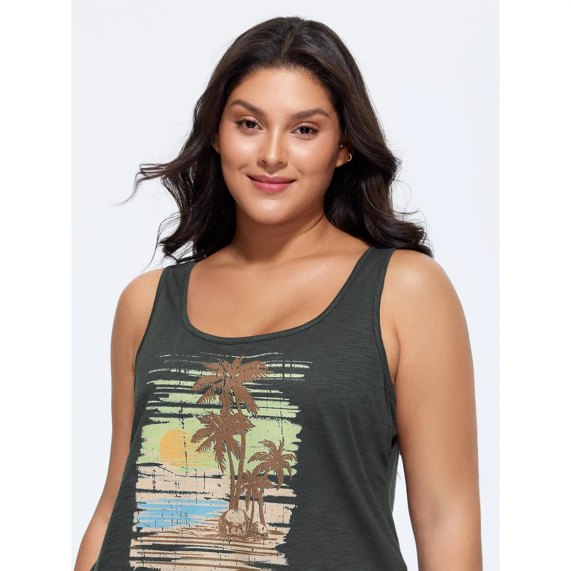 BloomChic Women's Plus Size Sleeveless Cotton Stretchy Island Print Tank Top, Casual Fit Fabric Garment [M-6X] 2026 Summerfinds, Clothes, 100% Cotton, Lady, Tropical Print, Leisure Wear, Island Theme, Do Not Tumble Dry, 14-16/1X