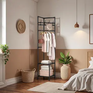 Corner Coat Rack with 2 Storage Shelves Metal Garment Organizer 360° Swivel Wheels Narrow Space-Saving Standing Clothes Hanger for Bedroom Living Room Furniture Interior Organizing