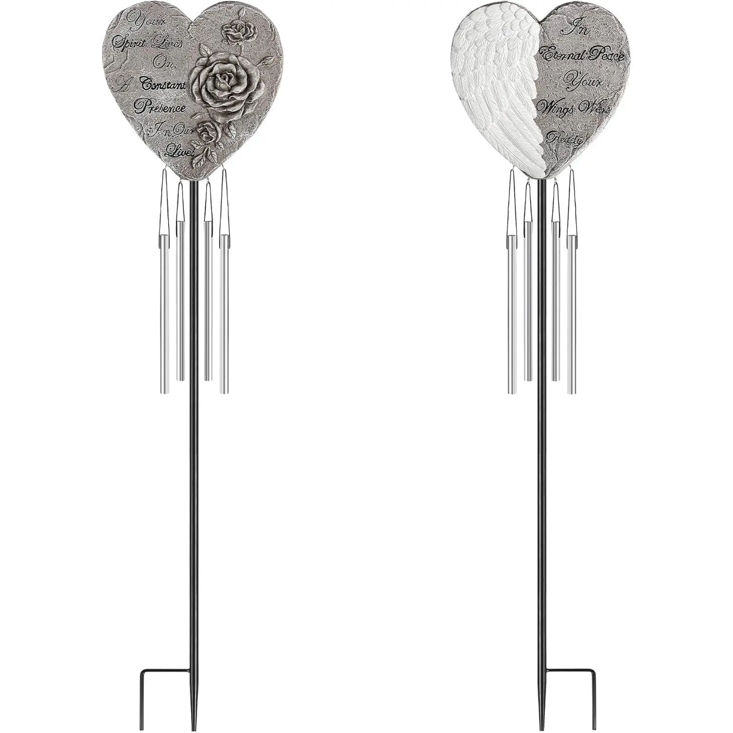 Heart Wind Chime with Rose & Angel Wings Engravings - Memorial Plaques for Garden Cemetery Grave Decoration-Sympathy Gifts for Loss of Loved One