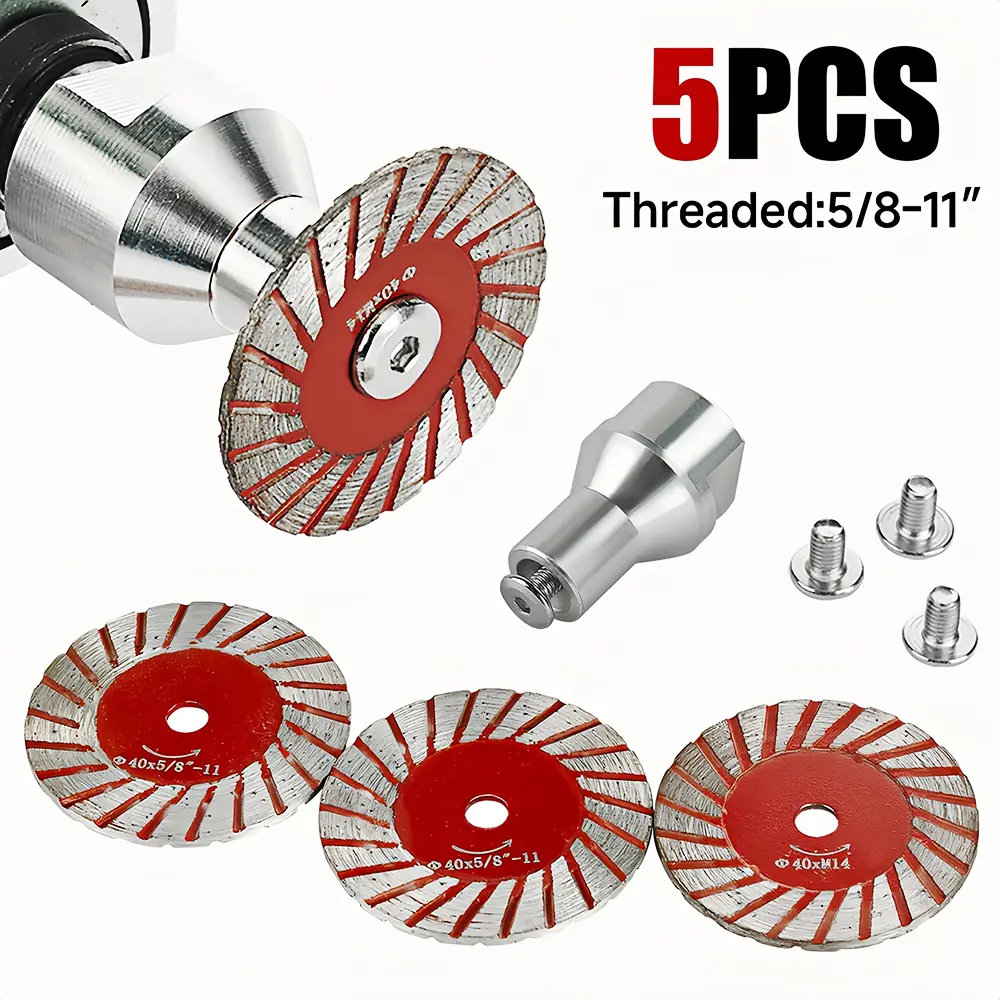 LOZLIN 5PCS/Set Drill-Powered Diamond Blades, 1.57" (40mm) Diamond Flange Saw Blades with Corrugated Edge, 5/8-11 Threaded Abrasive Cutters for Granite Marble Quartz Cutting, Engraving Tool
