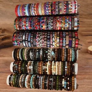 72Pcs Mixed Bohemian Bracelet Set ,Handmade Vintage Wooden and Stretch String Handstring Bangles for Men and Women