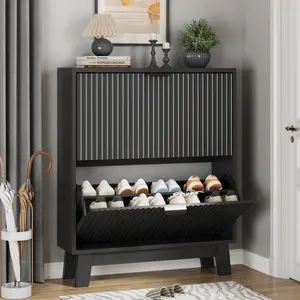 Shoe Cabinet Storage for Entryway with 2 Flip Drawers, Fluted Narrow Shoe Organizer with Wooden Legs, Freestanding Slim Shoe Storage Hidden Shoe Rack Organizer for Front Door Entrance, Black