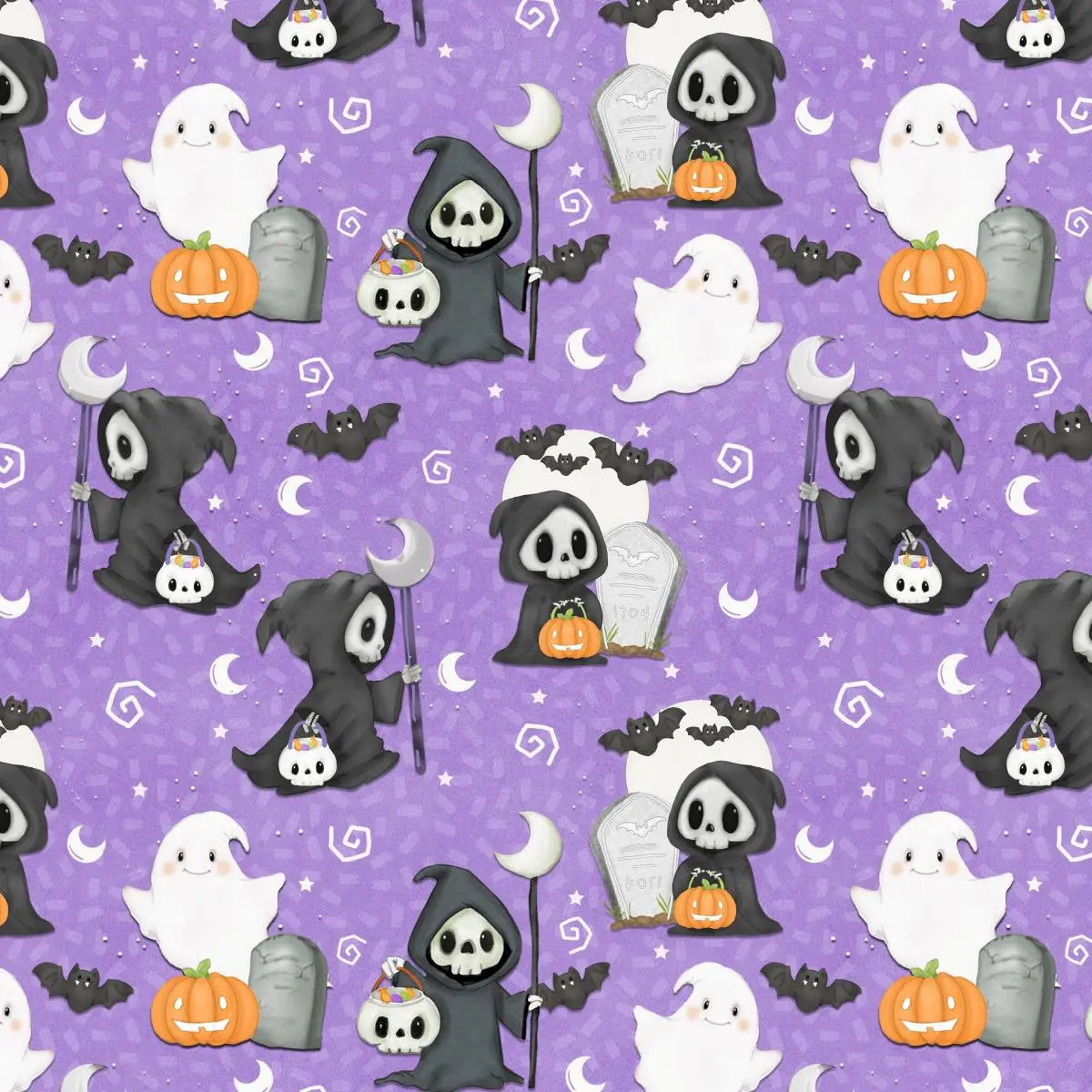 Fabric Henry Glass Light Purple Grimm Reaper Glow in the Dark Moonlight Mischief by the Quarter Yard 2561G-55