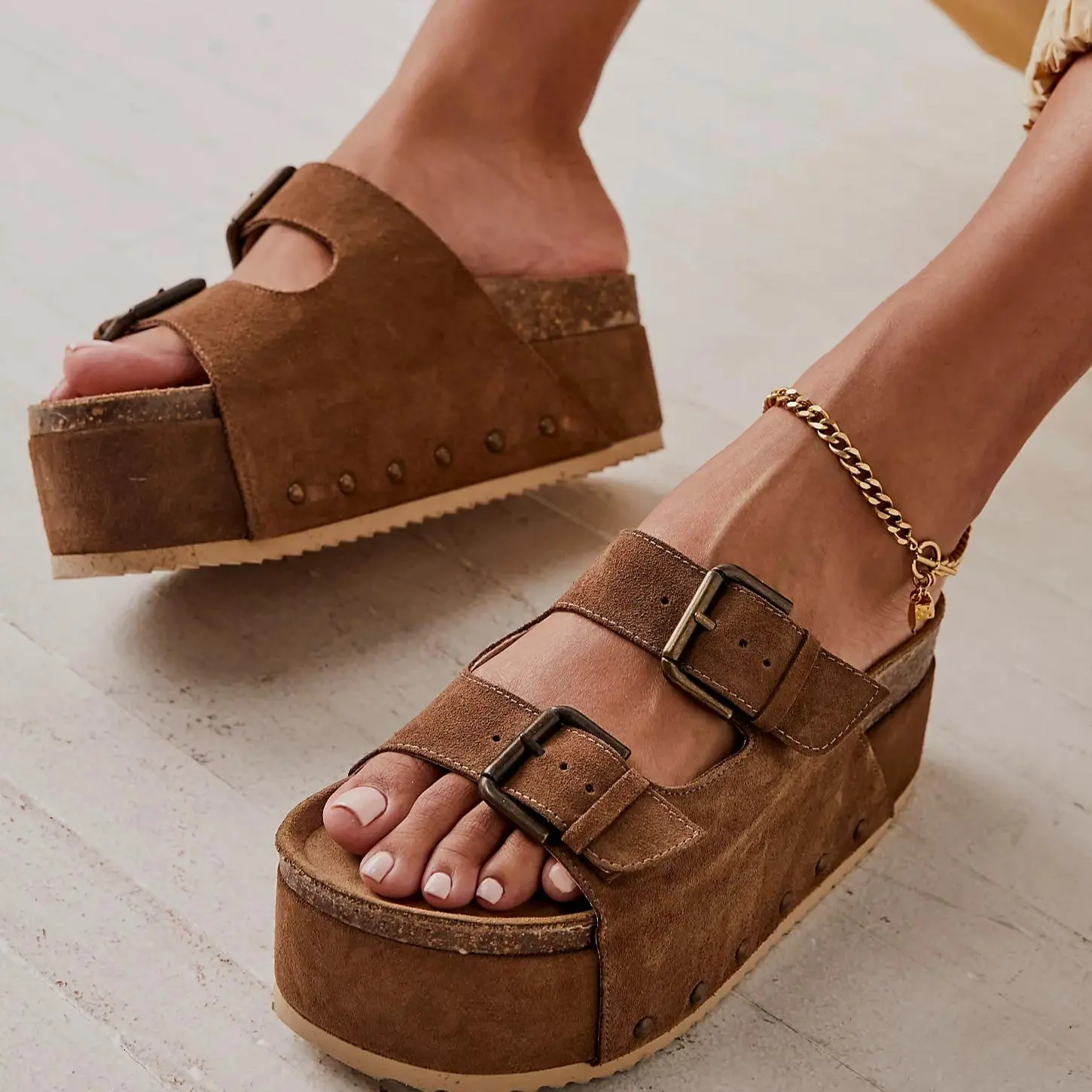 Fashare Women's Cork Platform Sandals Slip on Mules and Clogs Double Buckle Straps Summer Shoes