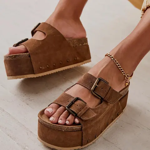 FASHARE Women's Adjustable Double Buckle Sandals - Cork Sole Mule-Clog Footwear, Open Toe, Slip-On, Chunky Heel, Fabric Straps, EVA Cushioning, Customized Fit, Casual Walking Shoes, Summer Outdoor Less Foot Fatigue Shoes